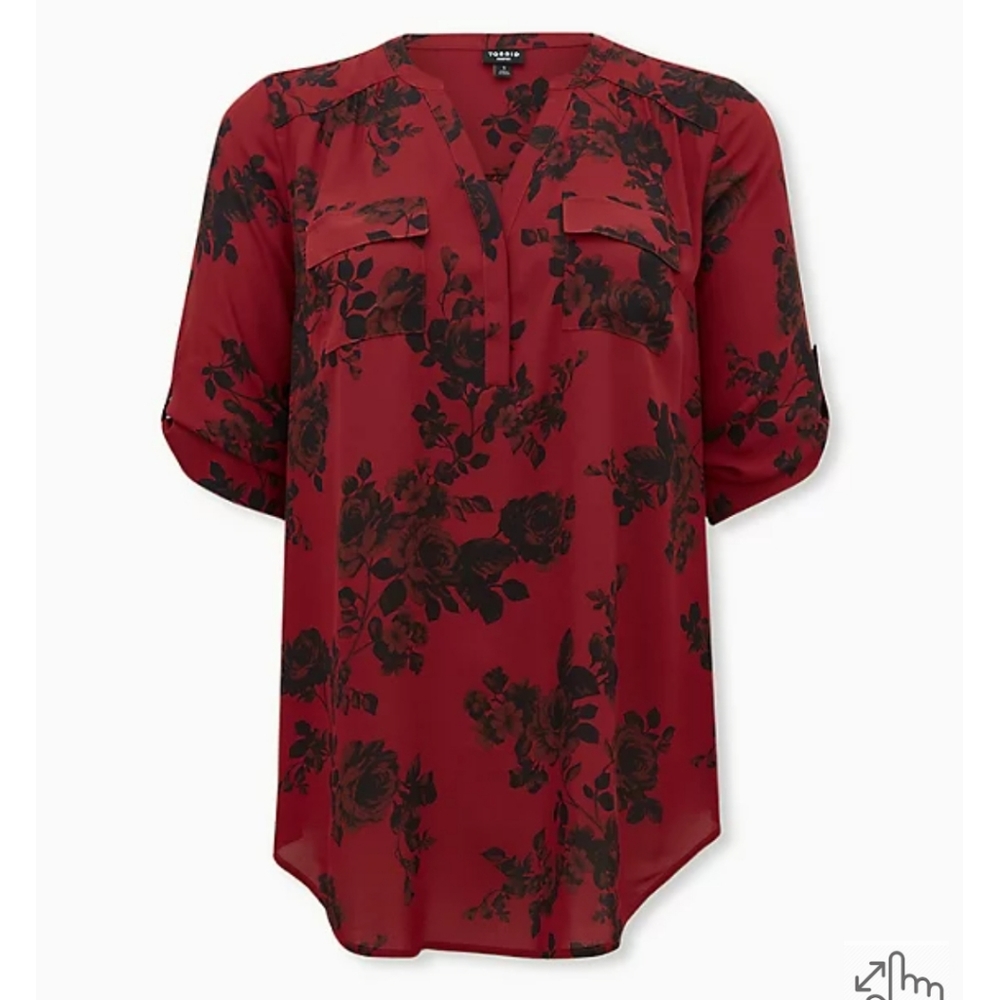 Red Floral Pullover Tunic Blouse